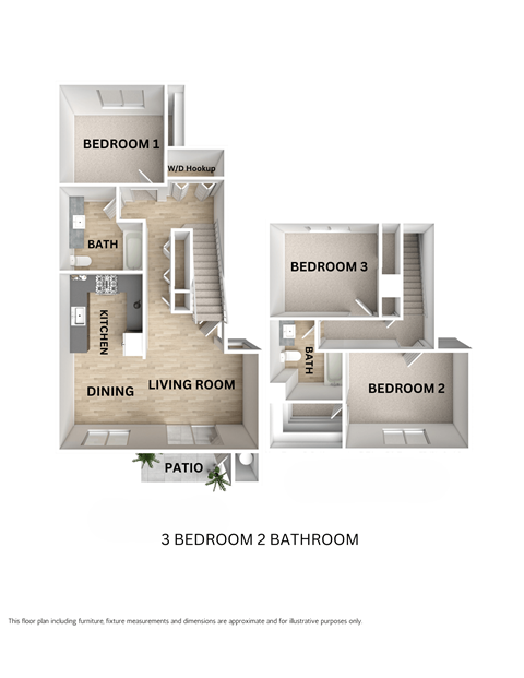 Floor plan for 3 beds, 2 baths, 1207 sqft